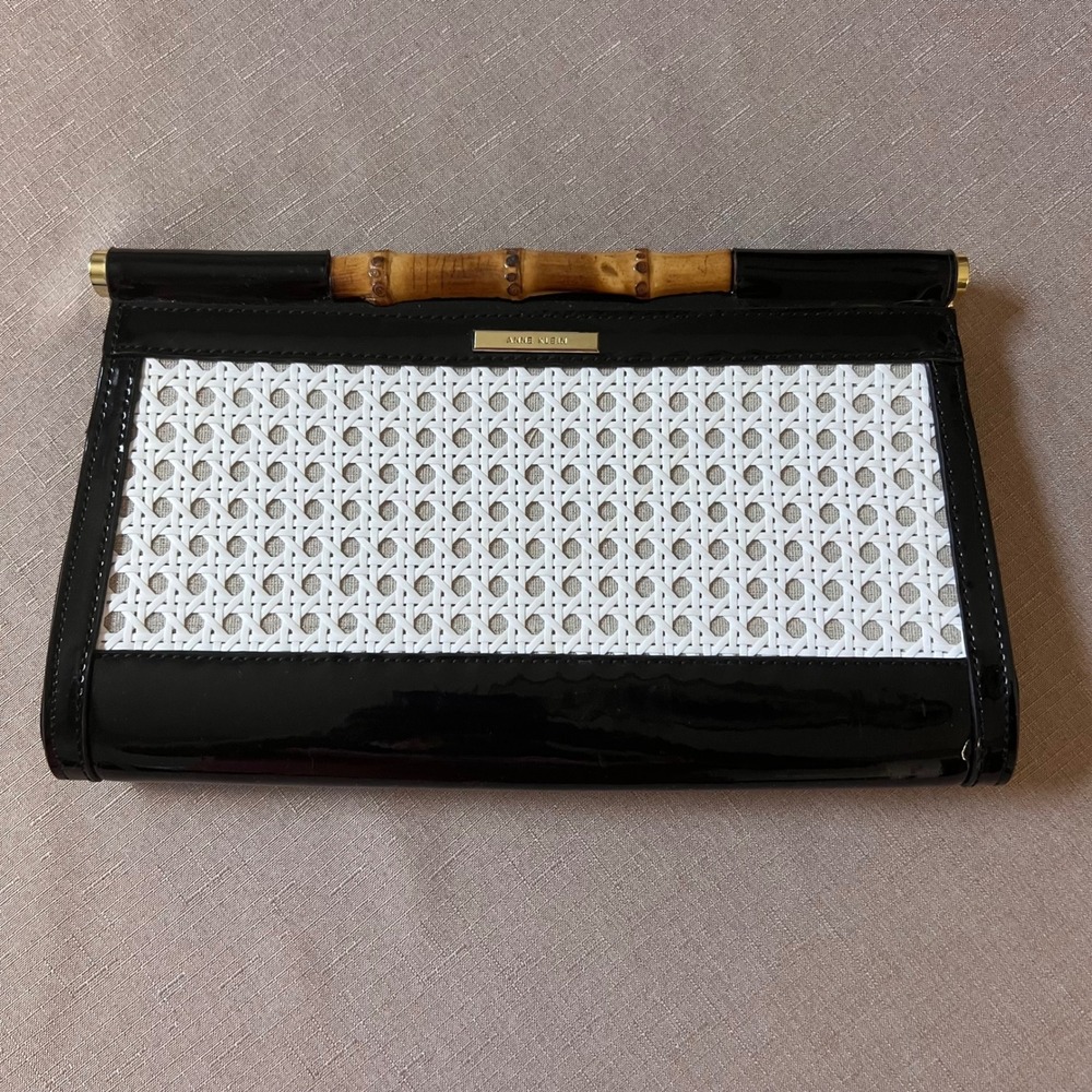 Anne Klein Black Patent Woven Cane Clutch Bamboo Handle Polka Dot Lining